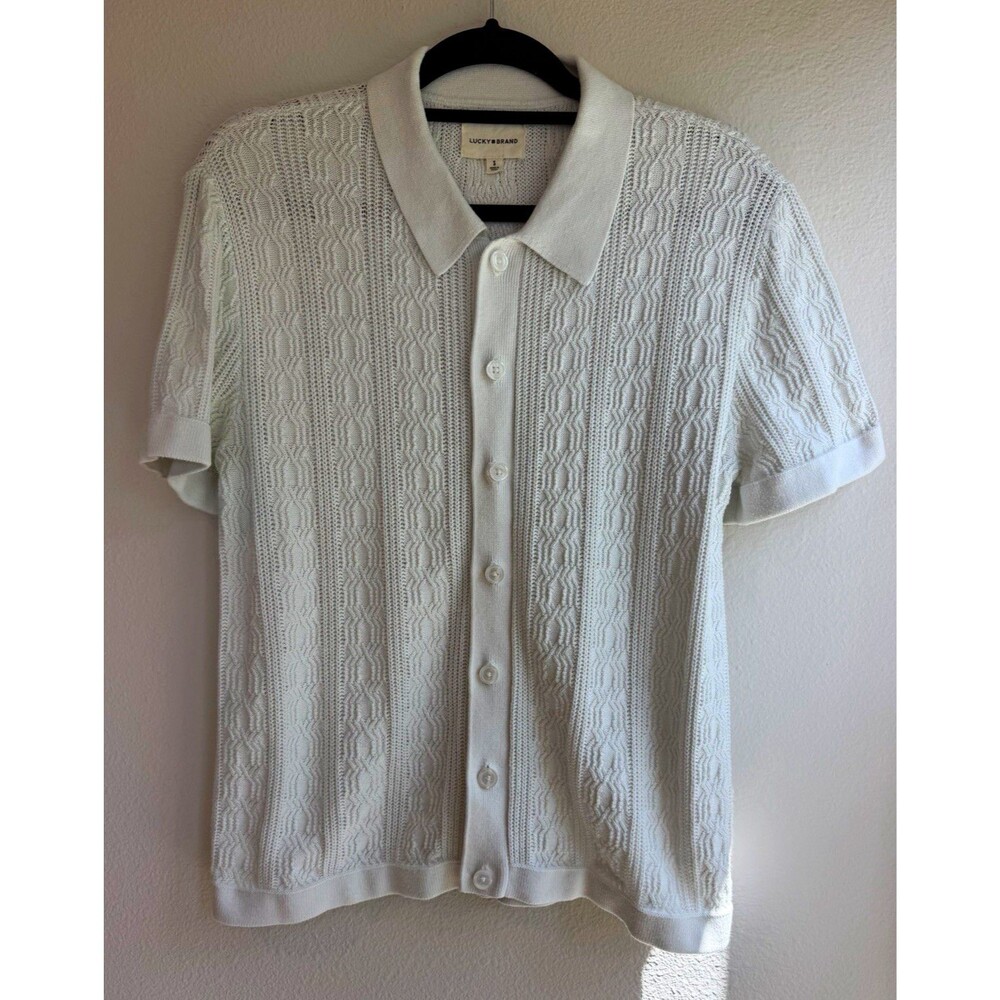 Lucky Brand S White Cable-Knit Lightweight Short Sleeve Button-Up Shirt